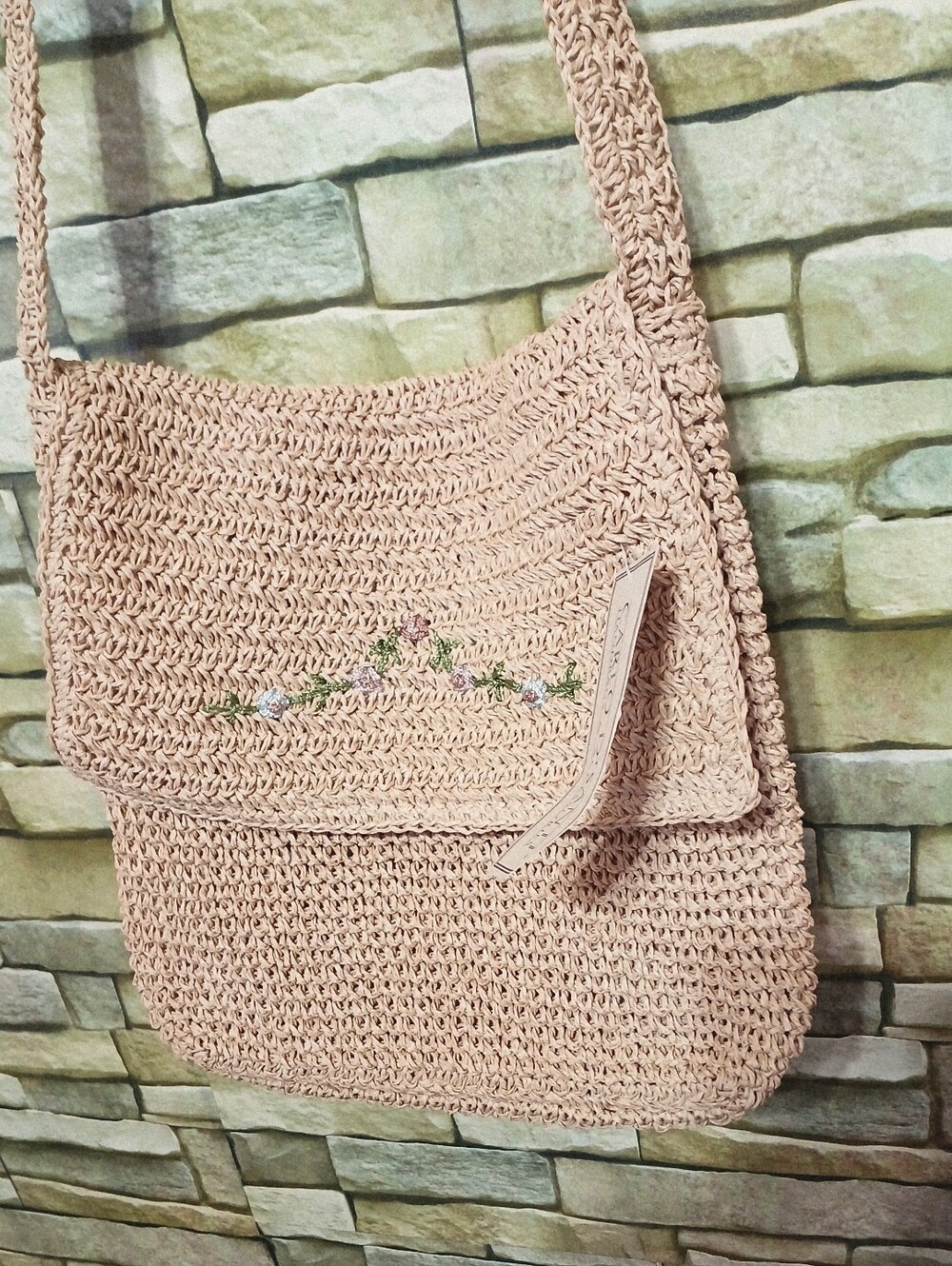 New Beige Crochet Shoulder Bag with Floral Embroidery - Picture 3 of 5